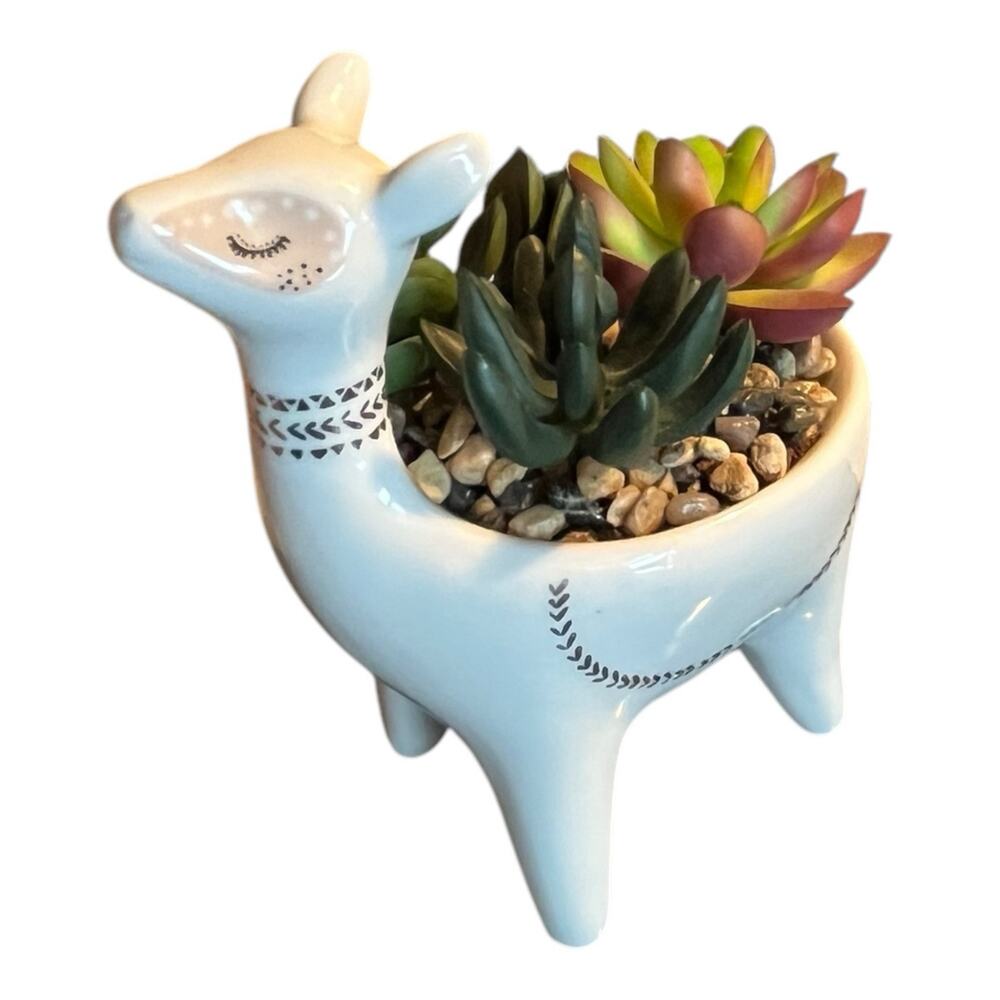5 1/2" In Artificial Succulents Plant in White Ceramic Pot Llama White Gold EUC
